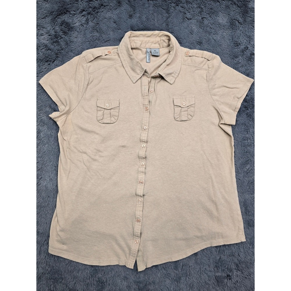 New Directions Weekend Tan Khaki Cotton Utility Button Down Shirt XL Short Slv